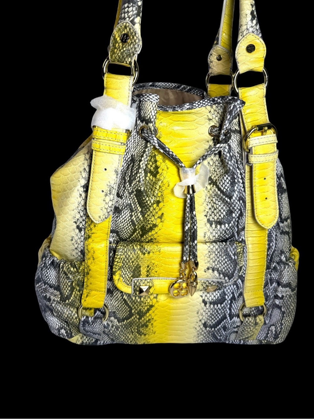 Iman Yellow Snake-Print Drawstring Shoulder Bag